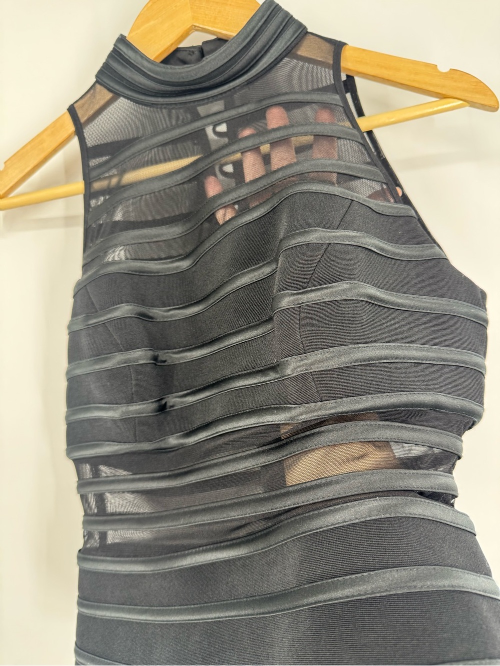 Vintage Cache Black Sheer Striped Mesh High Neck Peplum Top Blouse Size 6 - Picture 4 of 8